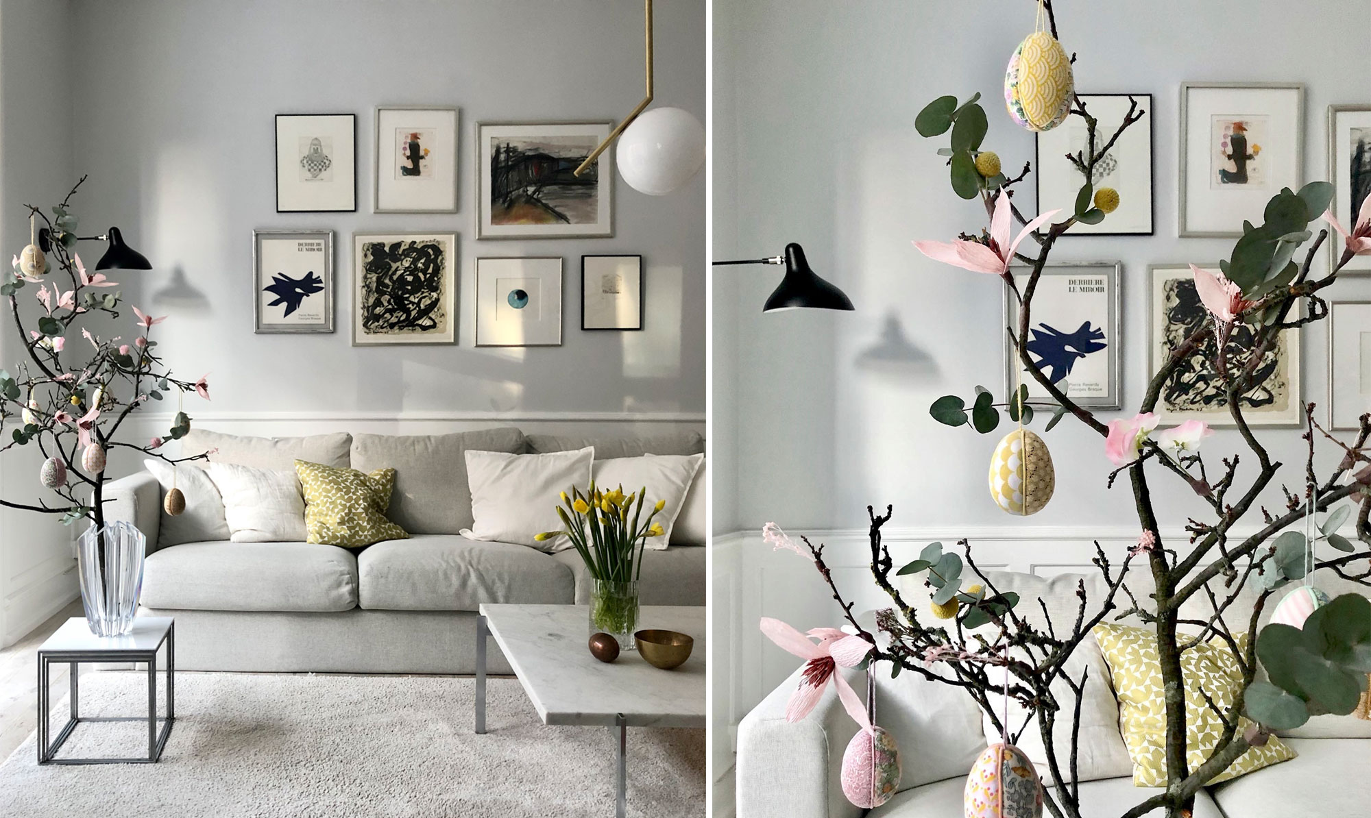 Lav din egen gren til at hænge påskepynt på. Påskegrene med crepeblomster