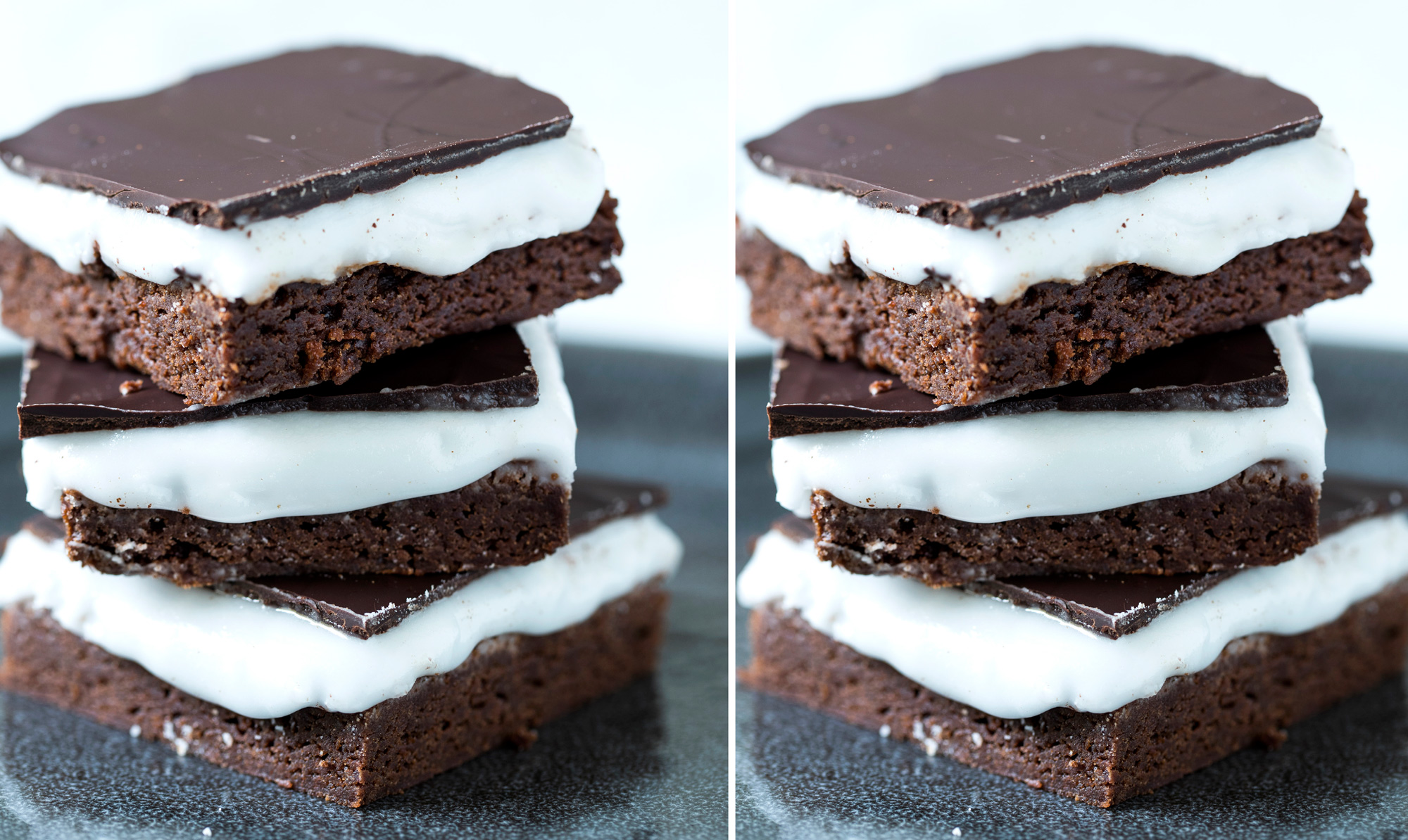 Lækre snaskede brownies med et lag pebermynte. Mums! Brownies med chokolade & pebermynte