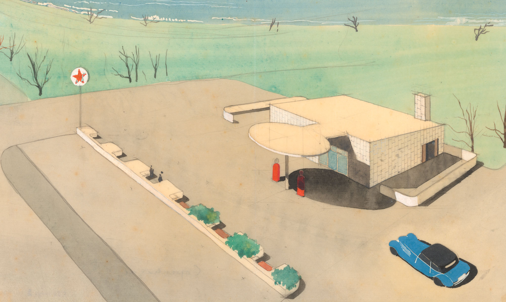 Arne Jacobsens akvarel af Texaco Servicestation fra 1937, som kan ses på kunstmuseet Trapholt i Kolding. 8 udstillinger, der er værd at tjekke ud lige nu