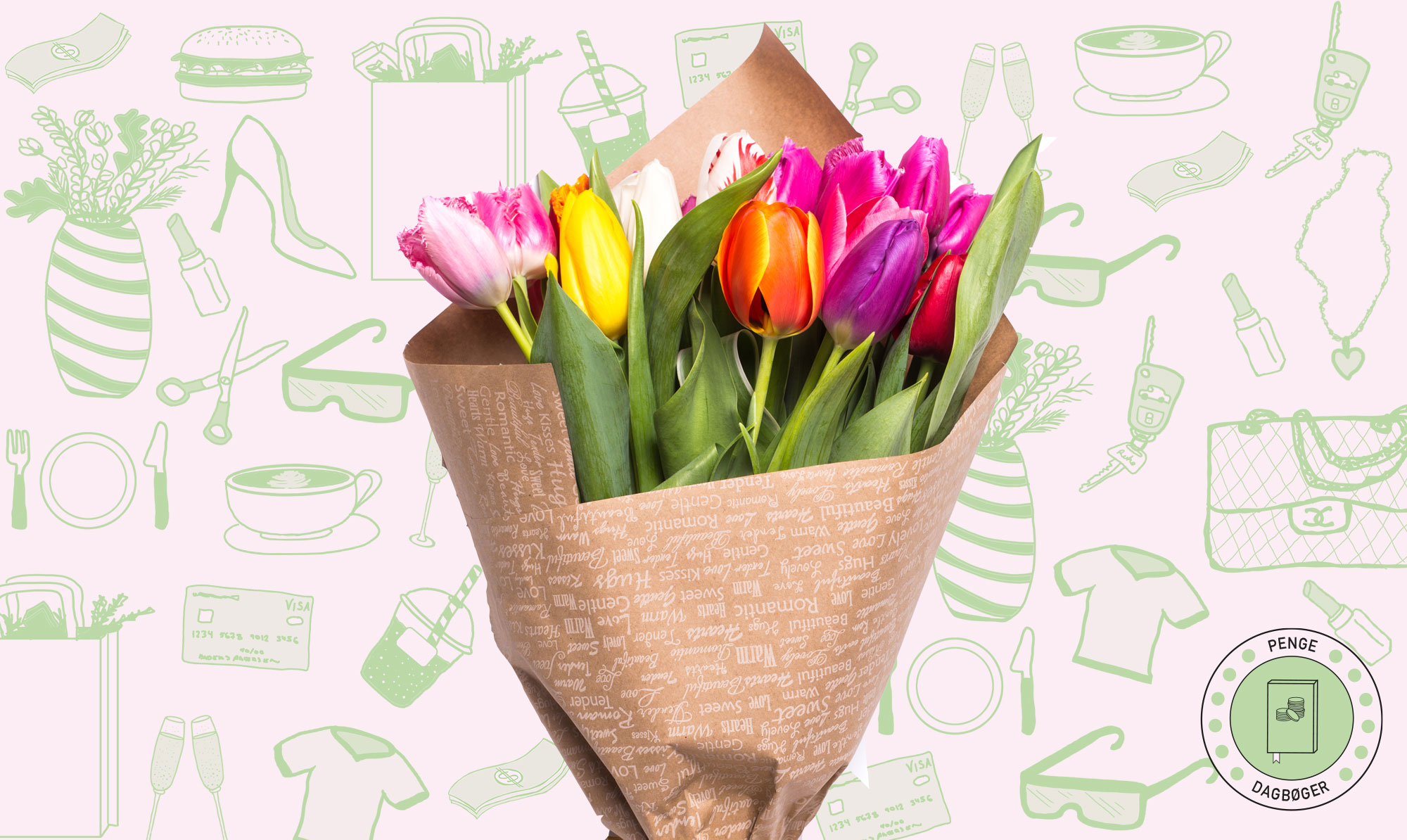 Lisbeth går på nettet og bestiller en buket blomster til en veninde, som hun skal spise morgenmad hos. Pengedagbog blomster
