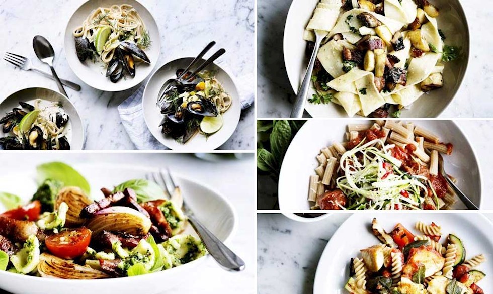 Nemme pastaretter med kylling, pesto, muslinger eller grøntsager. Nemme pastaretter