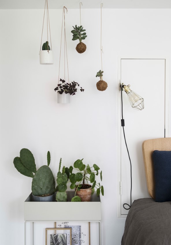 I soveværelset leger Katharina også med effekten af de grønne planter - både i form af kaktusser i planteopsatsen fra Ferm Living og de svævende planteplaneter. Sengegærdet i træ er en særlig løsning, som Katharina spottede på et designhotel og fik importeret hjem til sig selv.