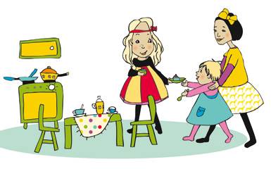 Det er sejt at lege med de store piger. Illustration: Vibeke Høie Det er sejt at lege med de store piger