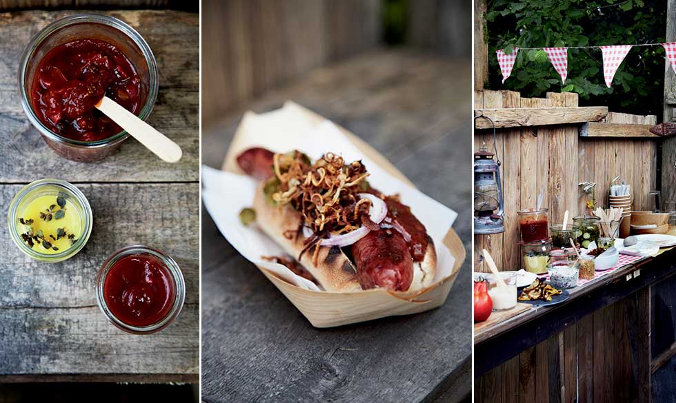 Ketchup, sennep, remoulade, mayonnaise, ristede løg, relish og agurkesalat - vi laver det hele selv fra bunden her. hjemmelavet tilbehør til grillmad