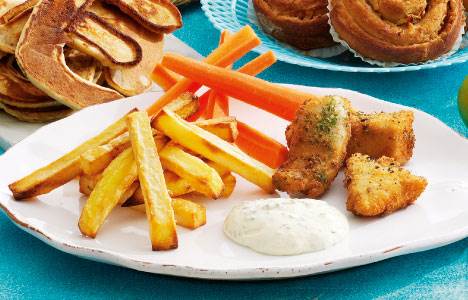 Sprøde „fiskefingre“ og fritter med dip