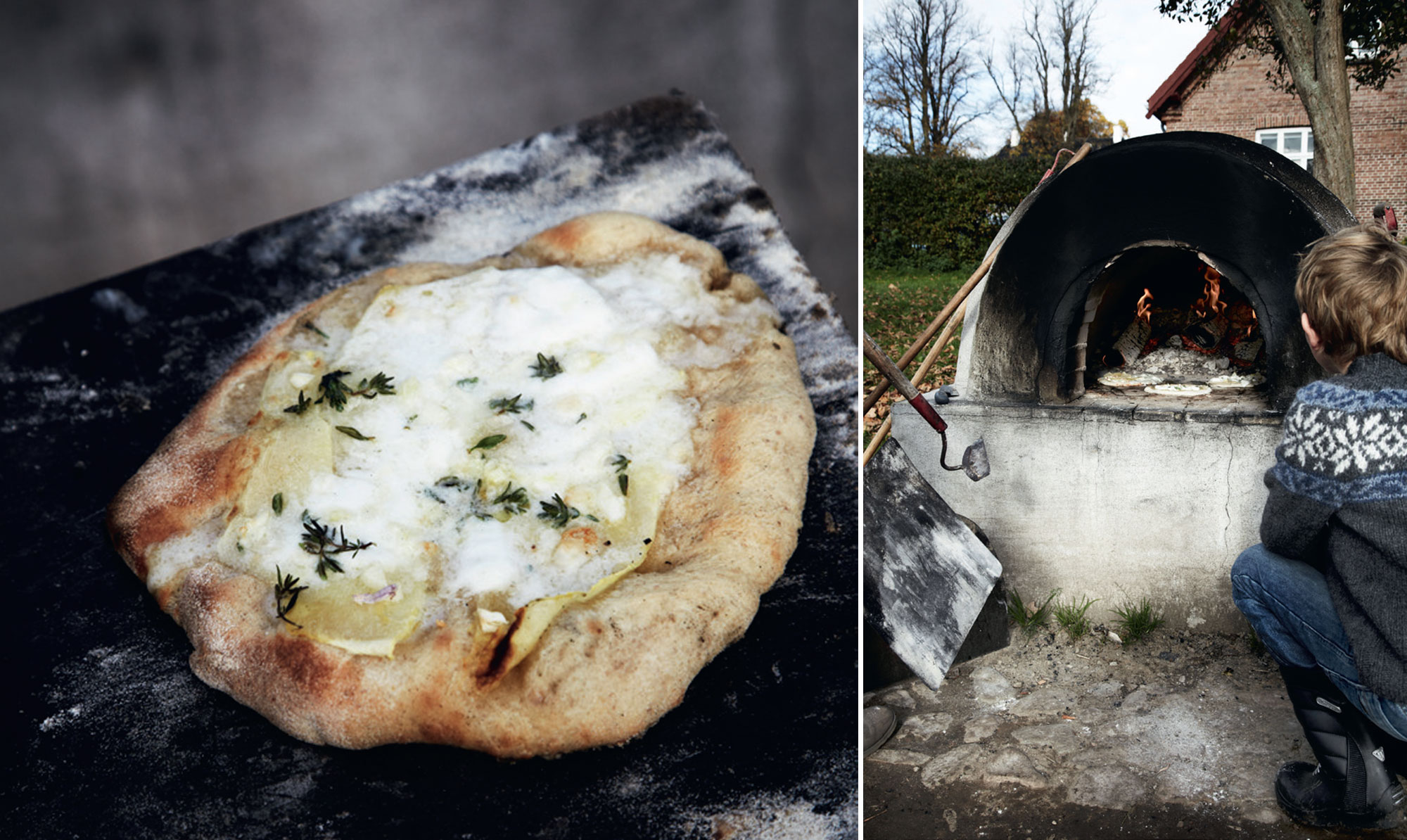 Græskarpizzaerne bages færdig i den store stenovn. Pizza