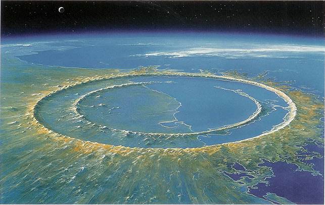 Illustration af asteroide-nedslag for 66 millioner år siden ved Yucatanhalvøen i Mexico. Det dræbte alt i en omkreds på 1.000 kilometer. Nu har forskere fundet et nyt asteroide-krater i Australien, som man anslår til at være dobbelt så stort som i Mexico. Asteroider, meteorer, naturvidenskab