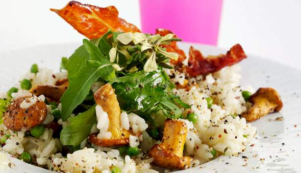 Risotto med kantareller, ærter & parmaskinke Opskrift på risotto med kantareller, ærter & parmaskinke