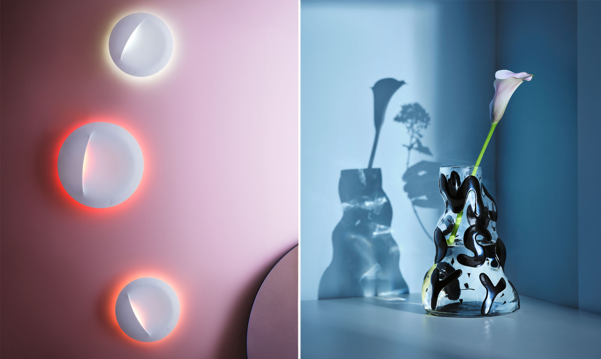 Den smukke væglampe er designet af Sabine Marcelis, og den kunstneriske vase er designet af Stefan Marx. IKEA særkollektion Art Event