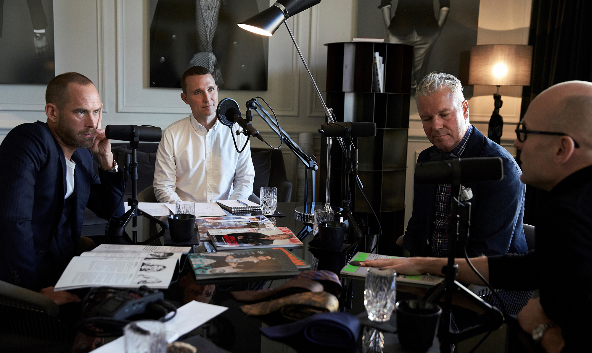 Fra venstre til højre: Frederik Lentz Andersen, Emil Norsker, Mads Christensen og Chris Pedersen. Podcast 'Modeministeriet' med Chris Pedersen, Mads Christensen og Frederik Lentz Andersen