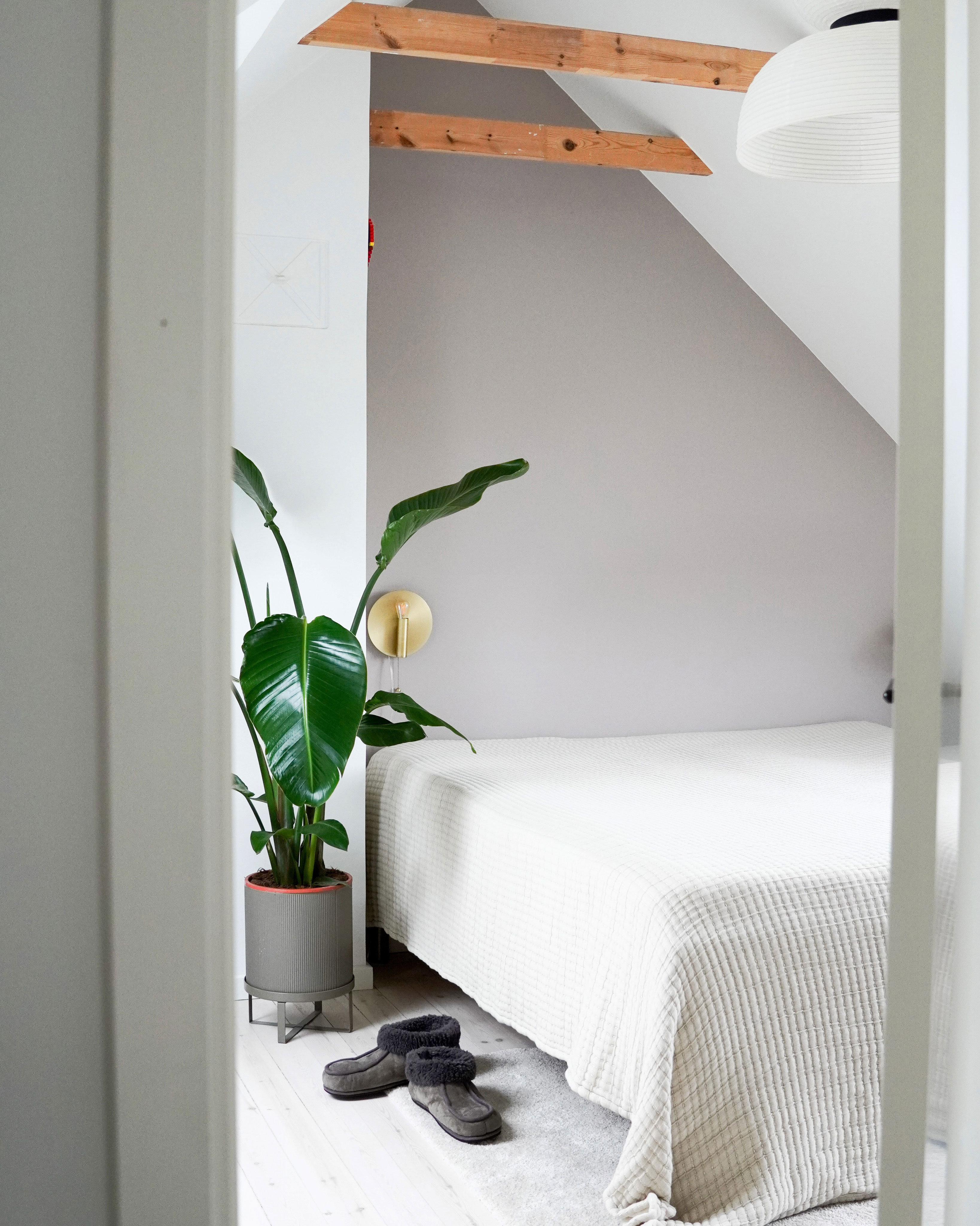 I soveværelset er der selvfølgelig også en plante. Sengetæppe fra Ferm LIVING.