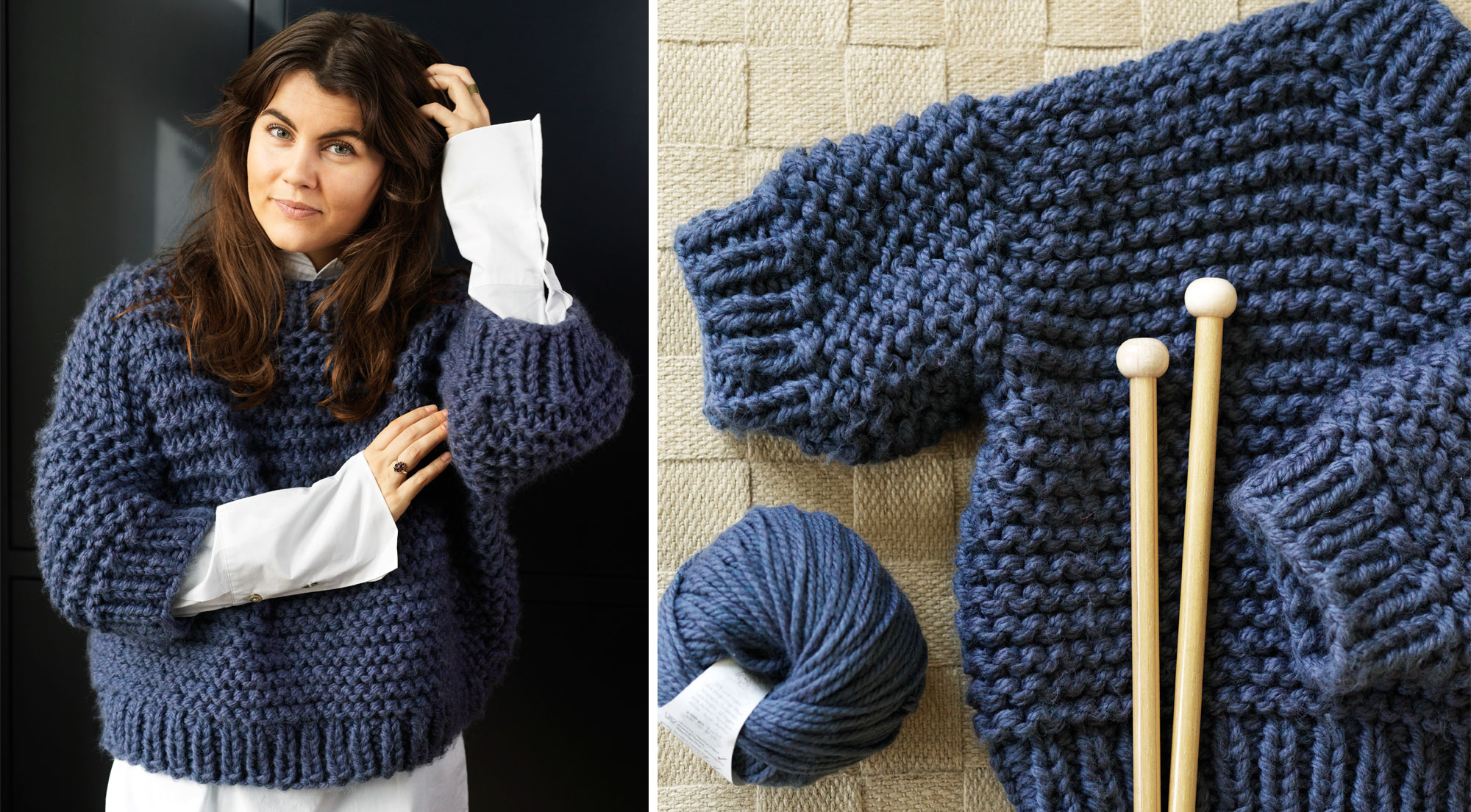 Denne lækre chunky sweater kan strikkes på to dage. Chunky strik
