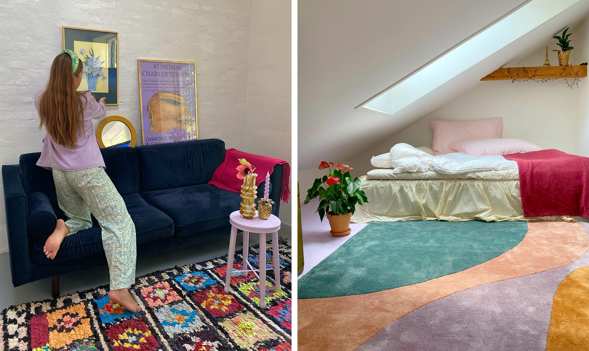 ”At mixe nyt og gammelt giver et personligt udtryk”, siger Alberte. I stuen har hun bl.a. stylet sofaen fra SOFACOMPANY med kunstplakater i messingrammer. Albertes hjem er enhver pastel-elskers drøm!