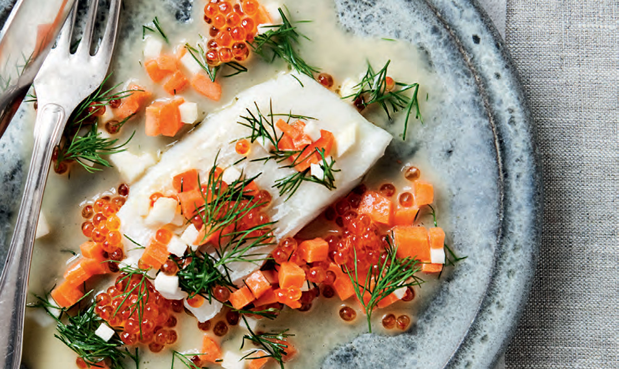 Bagt fisk med beurre blanc, dild og ørredrogn Opskrift på bagt fisk med beurre blanc, dild og ørredrogn