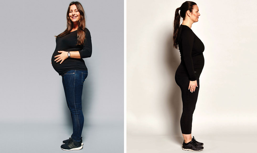 Camilla Natascha Nivaro som højgravid og 2 måneder efter fødslen. Bryllupsfit