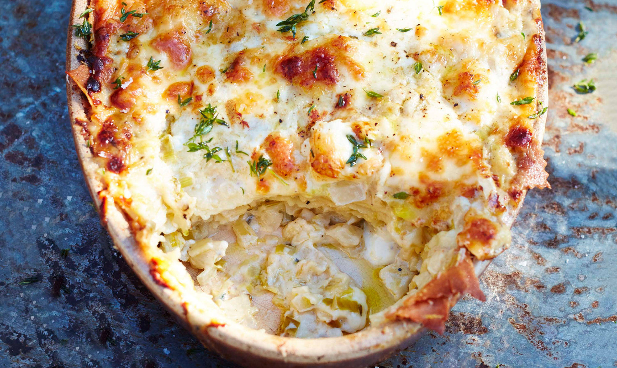 Lasagne med langtidssimret fennikel, søde porrer og ost Vegetarlasagne a la Jamie Oliver